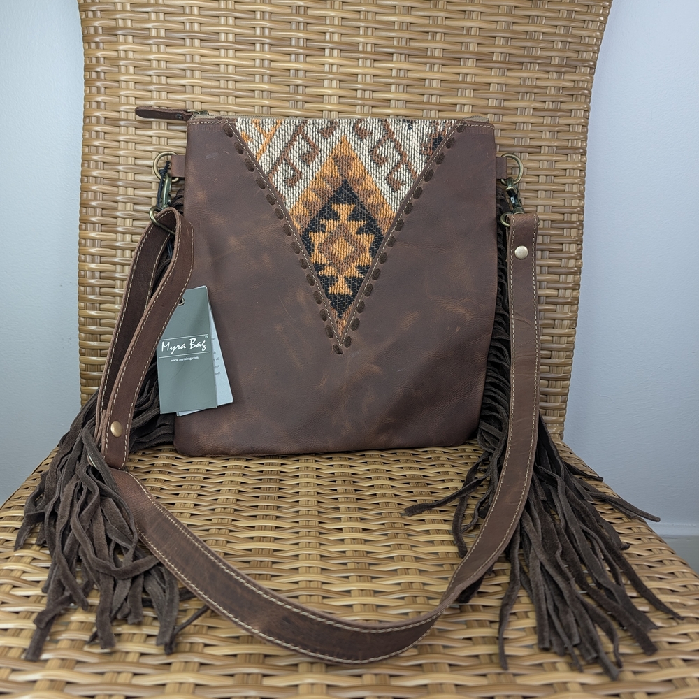 Myra Hera Leather Fringe Canvas Brown Crossbody Bag Embroidery Southwestern NWT